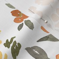 floral aesthetic bloomcore in warm boho tones. watercolor flowers in brown, yellow and peach for wallpaper and bedding / medium scale