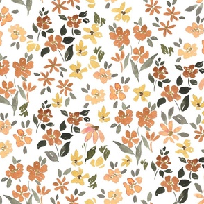 floral aesthetic bloomcore in warm boho tones. watercolor flowers in brown, yellow and peach for wallpaper and bedding / medium scale