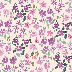 6x6 inch hand painted watercolor ditsy floral in purple on pink  for girls dresses, kids apparel and nursery décor. 