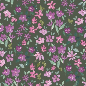 Jumbo hand painted watercolor ditsy floral in purple on forest green for womens wear, kids apparel and nursery décor. 