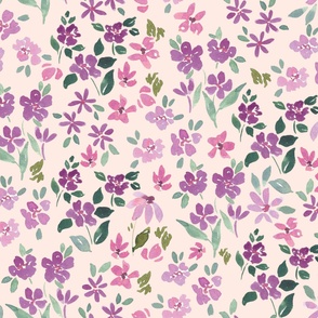 Jumbo hand painted watercolor ditsy floral in purple on pink for womens wear, kids apparel and nursery décor. 