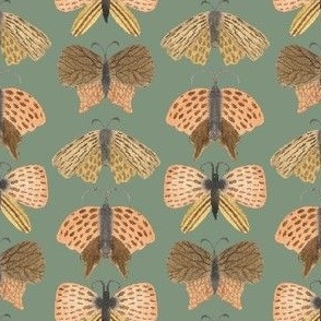 Small 2" hand painted watercolor moths in earth tones on sage green, fall kids apparel