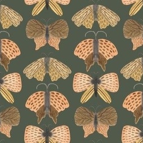 Small 2" hand painted watercolor moths in earth tones on forest green, fall kids apparel