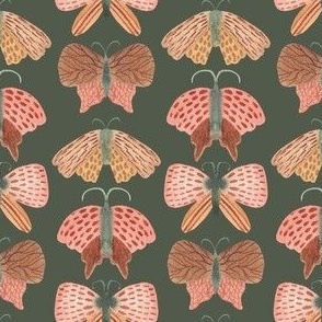 Small 2" hand painted watercolor moths in muted pink on green, fall kids apparel