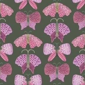 Small 2" hand painted watercolor moths in purple on forest green, fall kids apparel
