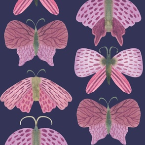 Jumbo hand painted watercolor moths in purple on navy blue, bed linen, girls wallpaper and home decor