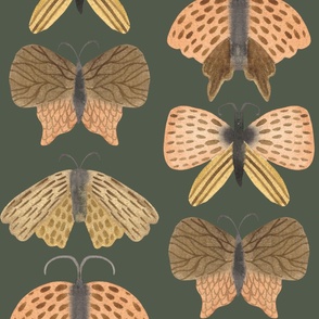 Jumbo hand painted watercolor moths in earth tones on green, bed linen, girls wallpaper and home decor