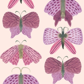 Jumbo hand painted watercolor moths in purple on pale pink, bed linen, girls wallpaper and home decor