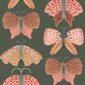 Jumbo hand painted watercolor moths in pink on dark green, bed linen, wallpaper and home decor