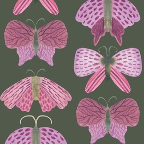 Jumbo hand painted watercolor moths in purple on forest green, bed linen and little girls wallpaper