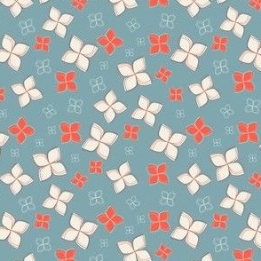 Cream and Orange Abstract Floral on Blue - Small