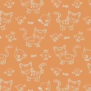 465 - Small scale zingy subdued orange and white  happy friendly kitty cats and birds in naive bumpy hand-drawn style,  monochromatic for nursery and children bed linen, wallpaper, cot sheets and cute apparel and crafts.