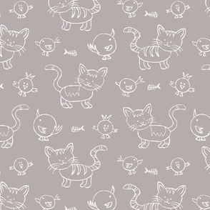 465 - Small  scale cool clay grey and white happy friendly kitty cats and birds in naive bumpy hand-drawn style,  monochromatic for nursery and children bed linen, wallpaper, cot sheets and cute apparel and crafts.