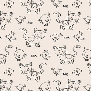 465 - Small scale black and soft white happy friendly kitty cats and birds in naive bumpy hand-drawn style,  monochromatic for nursery and children bed linen, wallpaper, cot sheets and cute apparel and crafts.