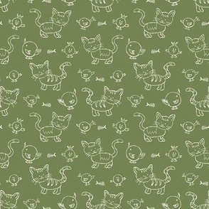 465 - Small scale leaf green and off white happy friendly kitty cats and birds in naive bumpy hand-drawn style,  monochromatic for nursery and children bed linen, wallpaper, cot sheets and cute apparel and crafts.