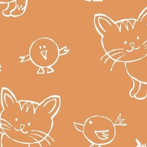 465 - Large scale zingy subdued orange and white  happy friendly kitty cats and birds in naive bumpy hand-drawn style,  monochromatic for nursery and children bed linen, wallpaper, cot sheets and cute apparel and crafts.