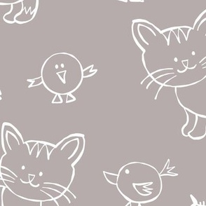 465 - Large scale cool clay grey and white happy friendly kitty cats and birds in naive bumpy hand-drawn style,  monochromatic for nursery and children bed linen, wallpaper, cot sheets and cute apparel and crafts.