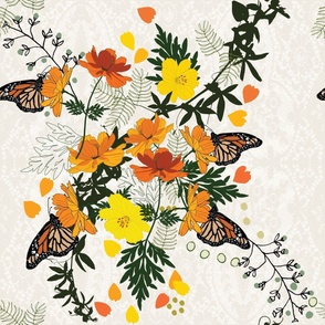 XL 24x24 Monarch butterflies, orange & yellow cosmos on cream lace