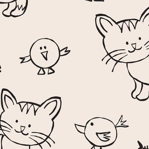 465 - Large scale black and soft white happy friendly kitty cats and birds in naive bumpy hand-drawn style,  monochromatic for nursery and children bed linen, wallpaper, cot sheets and cute apparel and crafts.