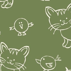 465 - Large scale leaf green and off white happy friendly kitty cats and birds in naive bumpy hand-drawn style,  monochromatic for nursery and children bed linen, wallpaper, cot sheets and cute apparel and crafts.