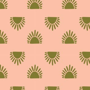 Minimalist 3 inch hand drawn sun motif in olive green and peach