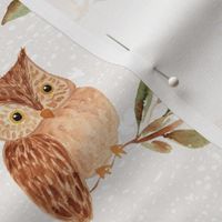 Watercolor owl on magnolia branch, cute bird of prey for nursery wallpaper / large scale wallpaper, 5 inch fabric, morepork owl wallpaper,