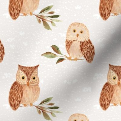 Watercolor owl on magnolia branch, cute bird of prey for nursery wallpaper / large scale wallpaper, 5 inch fabric, morepork owl wallpaper,