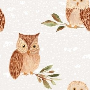 Watercolor owl on magnolia branch, cute bird of prey for nursery wallpaper / large scale wallpaper, 5 inch fabric, morepork owl wallpaper,