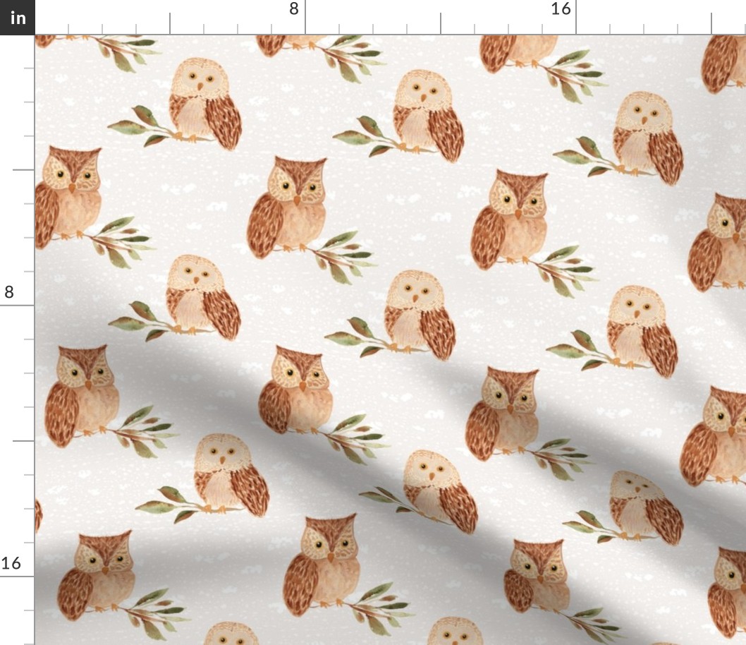 Watercolor owl on magnolia branch, cute bird of prey for nursery wallpaper / large scale wallpaper, 5 inch fabric, morepork owl wallpaper,