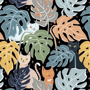 Colorful cats and monstera leaves 150