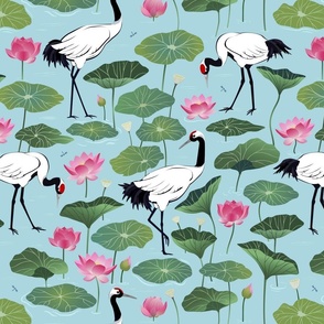 Japanese cranes and lotus flowers