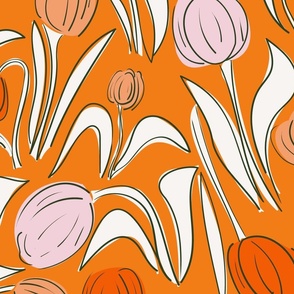 hand drawn tulips orange background