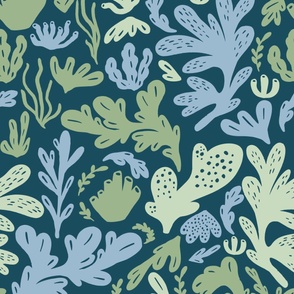Large Summer Matisse Inspired Corals in Mint and Baby Blue with Navy Ground for Wallpaper