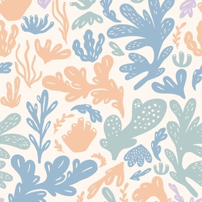Large Summer Matisse Inspired Corals in Gold and Baby Blue with Ivory Ground for Wallpaper