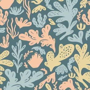 Medium Summer Matisse Inspired Corals in Gold and Baby Blue with Denim Ground