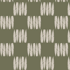 Small | Botanical Fern Leaf Checkerboard with Minimalistic White Checkered Check Plaid Pattern on Earthy Olive Green in Cottage Chic Farmhouse Style for Cluttercore Home Decor, Country Upholstery, Japandi Kitchen Wallpaper & Coastal Vibe