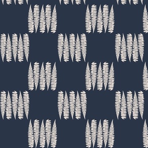 Small | Botanical Fern Leaf Checkerboard with Minimalistic White Checkered Check Plaid Pattern on Earthy Dark Blue in Cottage Chic Farmhouse Style for Cluttercore Home Decor, Country Upholstery, Japandi Kitchen Wallpaper & Coastal Vibe