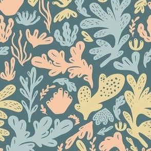 Mini Summer Matisse Inspired Corals in Gold and Baby Blue with Denim Ground
