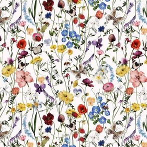 14" a colorful summer wildflower meadow  - nostalgic Wildflowers Poppies Butterflies and Herbs home decor on white double layer,   Baby Girl and nursery fabric perfect for kidsroom wallpaper, kids room, kids decor