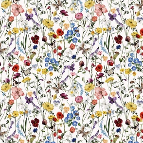 10" a colorful summer wildflower meadow  - nostalgic Wildflowers Poppies Butterflies and Herbs home decor on white double layer,   Baby Girl and nursery fabric perfect for kidsroom wallpaper, kids room, kids decor