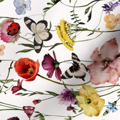 Turned left 18" a colorful summer wildflower meadow  - nostalgic Wildflowers Poppies Butterflies and Herbs home decor on white double layer,   Baby Girl and nursery fabric perfect for kidsroom wallpaper, kids room, kids decor