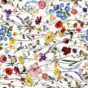 Turned left 18" a colorful summer wildflower meadow  - nostalgic Wildflowers Poppies Butterflies and Herbs home decor on white double layer,   Baby Girl and nursery fabric perfect for kidsroom wallpaper, kids room, kids decor
