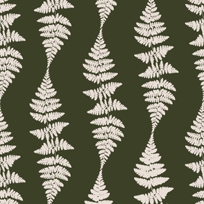 Botanical Natural Fern Leaf Vertical Stripes with Minimalistic Off-White Fern Leaves Wave Pattern on Earthy Dark Green in Cottage Chic for Cluttercore Home Decor, Country Upholstery, Farmhouse Kitchen Wallpaper & Coastal Vibe
