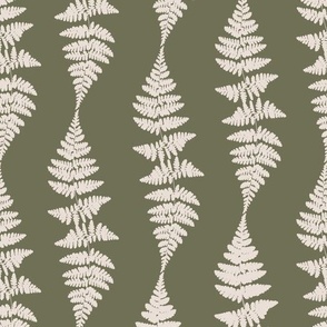 Small | Botanical Natural Fern Leaf Vertical Stripes with Minimalistic Off-White Fern Leaves Wave Pattern on Earthy Olive Green in Cottage Chic for Cluttercore Home Decor, Country Upholstery, Farmhouse Kitchen Wallpaper & Coastal Vibe