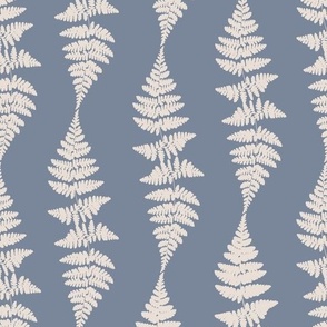 Small | Botanical Natural Fern Leaf Vertical Stripes with Minimalistic Off-White Fern Leaves Wave Pattern on Earthy Light Blue in Cottage Chic for Cluttercore Home Decor, Country Upholstery, Farmhouse Kitchen Wallpaper & Coastal Vibe
