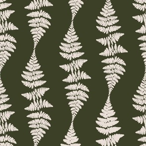 Small | Botanical Natural Fern Leaf Vertical Stripes with Minimalistic Off-White Fern Leaves Wave Pattern on Earthy Dark Green in Cottage Chic for Cluttercore Home Decor, Country Upholstery, Farmhouse Kitchen Wallpaper & Coastal Vibe