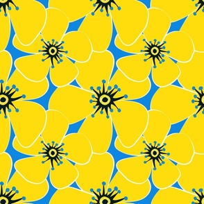 Vivid Blooms. Yellow on Blue bg. Big Flowers