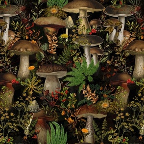  Mushroom Dance - Nostalgic Dark Moody Florals Forest Mushroom Kitchen Wallpaper,  Vintage Edible Psychadelic Mushrooms Forest Fabric,  Antique Greenery, Fall Home Decor,  Woodland Harvest black double layer