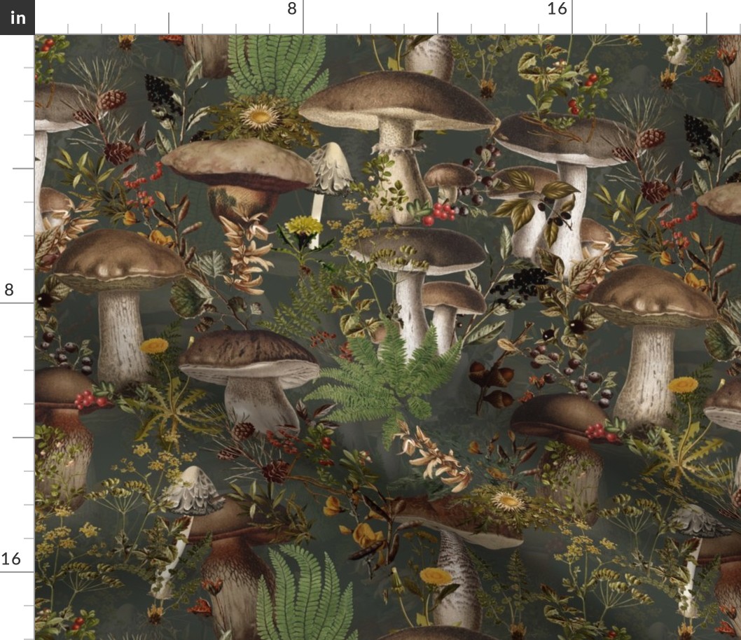 Psychadelic Mushroom Dance - Nostalgic Dark Moody Florals Forest Psychedelic  Mushroom Kitchen Wallpaper,  Vintage Edible Mushrooms Forest Fabric,  Antique Greenery, Fall Home Decor,  Woodland Harvest gray double layer