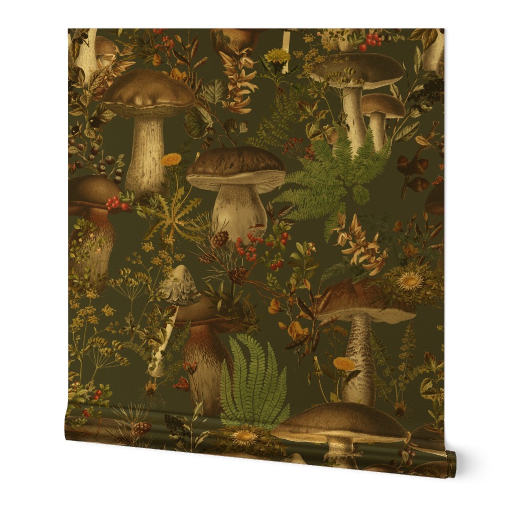 Psychadelic Mushroom Dance - Nostalgic Dark Moody Florals Forest Psychedelic  Mushroom Kitchen Wallpaper,  Vintage Edible Mushrooms Forest Fabric,  Antique Greenery, Fall Home Decor,  Woodland Harvest gray 